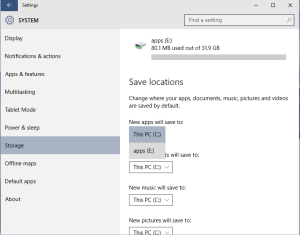 windows 10 set apps default location