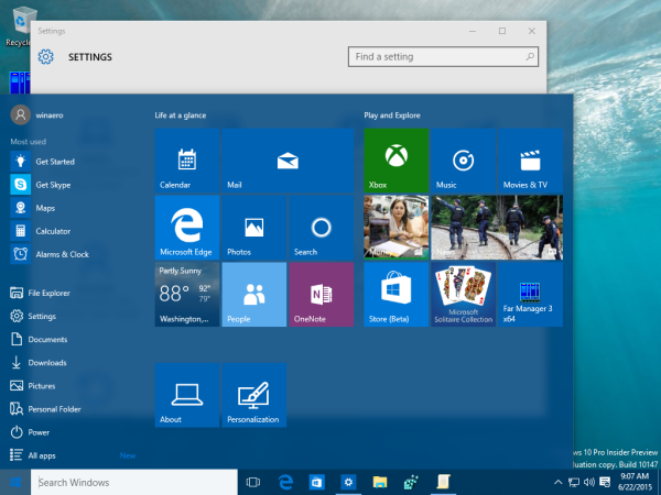 windows 10 settings pinned to start