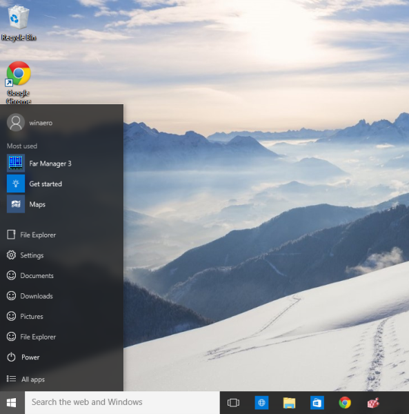 windows 10 single column Start menu final look