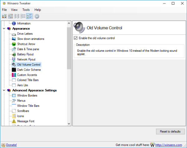 Winaero Tweaker old volume indicator