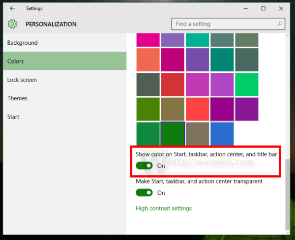 Windows 10 10586 personalization color show color on titlebar start menu action center