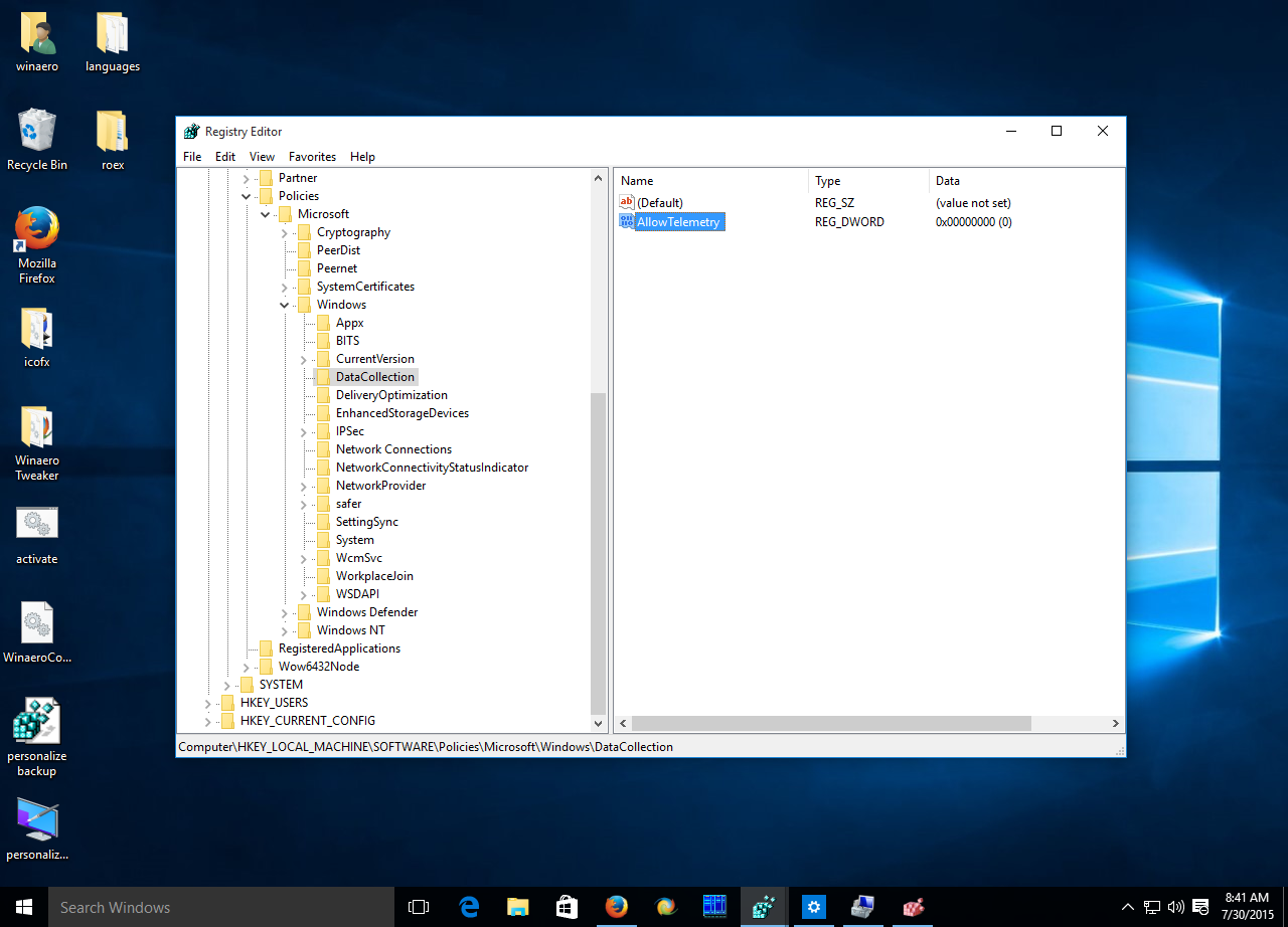 Windows 10 AllowTelemetry registry key