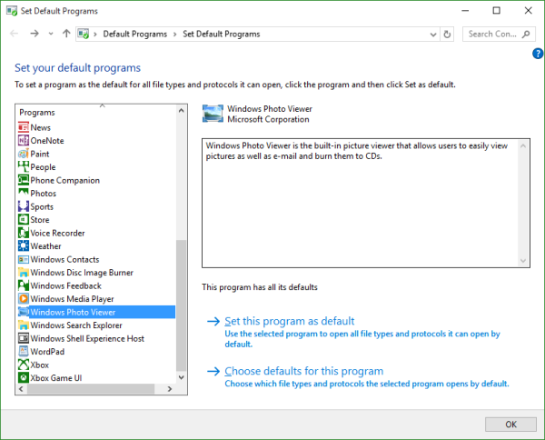 Windows 10 Set Default Programs