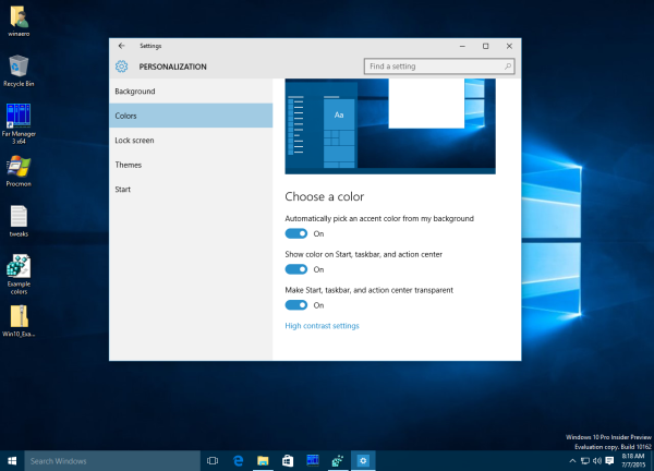 Автоматический цвет Windows 10 на панели задач