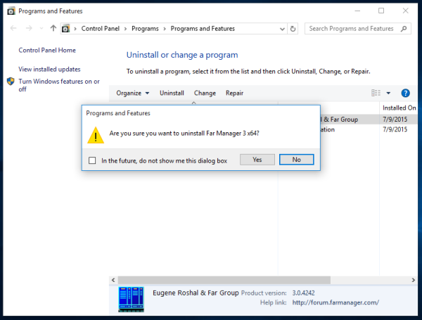 uninstall confirmation prompt Windows 10