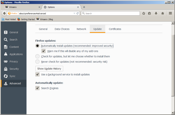 Firefox update settings