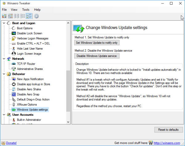 Winaero Tweaker can disable Windows Update in Windows 10