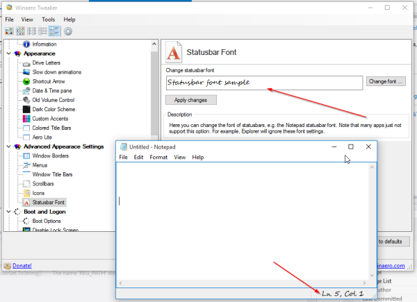 Winaero Tweaker statusbar font