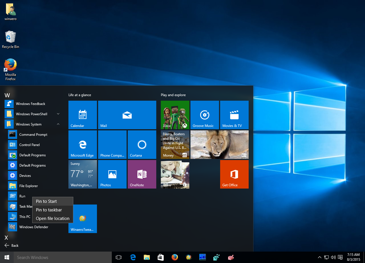 Add Run to Start menu in Windows 10 RTM