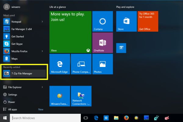 Windows 10 Start menu recently added