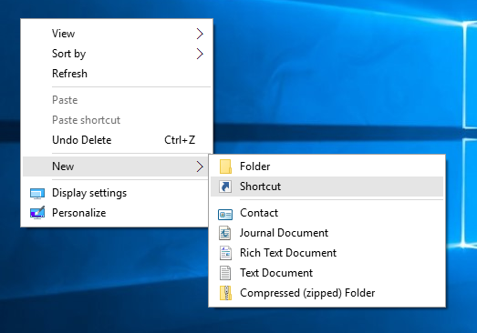 Windows 10 new shortcut context menu