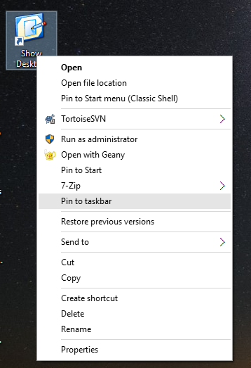 Windows 10 show desktop pin to taskbar