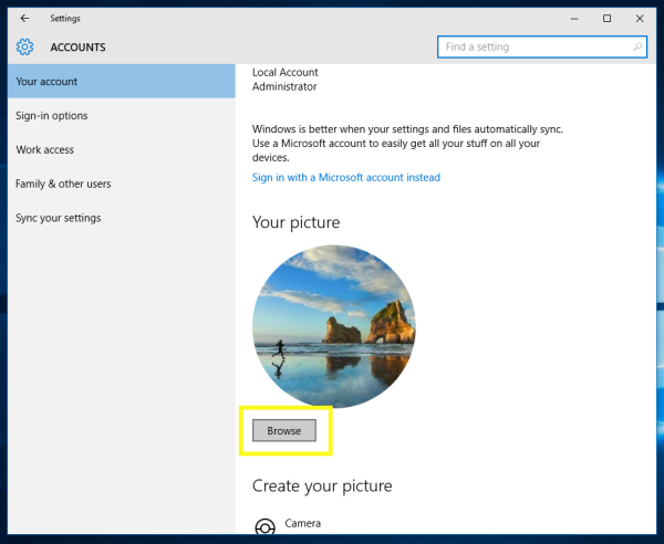Windows 10 user picture browse button