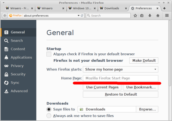 Firefox preferences general