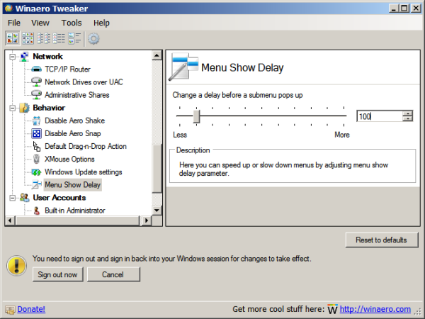 Winaero Tweaker SHow Menu Delay