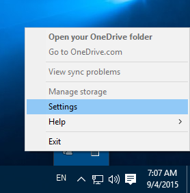 Меню значка уведомлений Windows 10 OneDrive