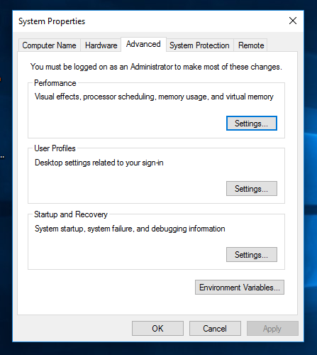Windows 10 System Properties Advanced tab