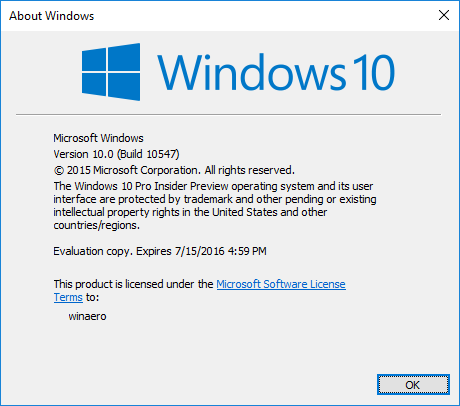 Windows 10 build 10547 winver