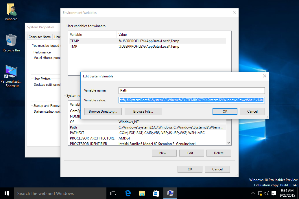 Переменные среды Windows 10 редактировать встроенные