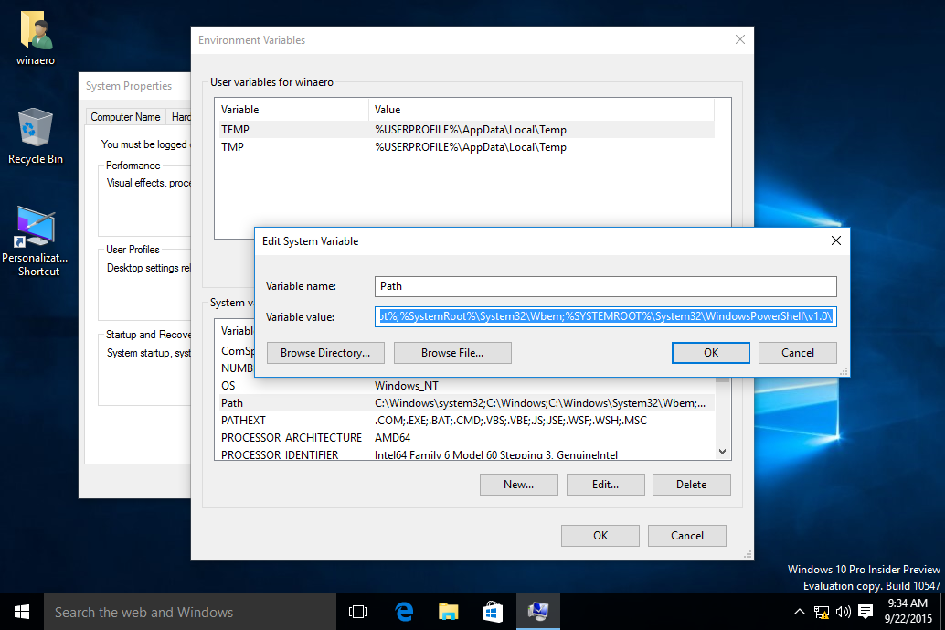 Windows 10 build 10547 features a new environment variables editor