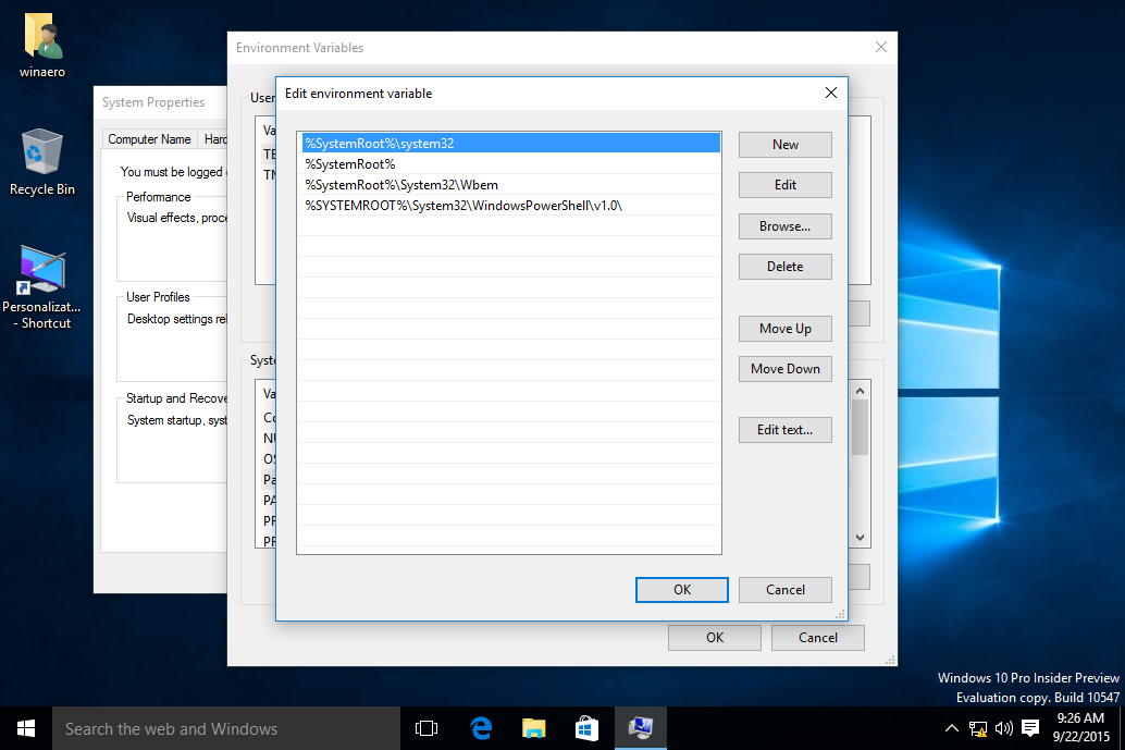 Windows 10 environment variables edit selected