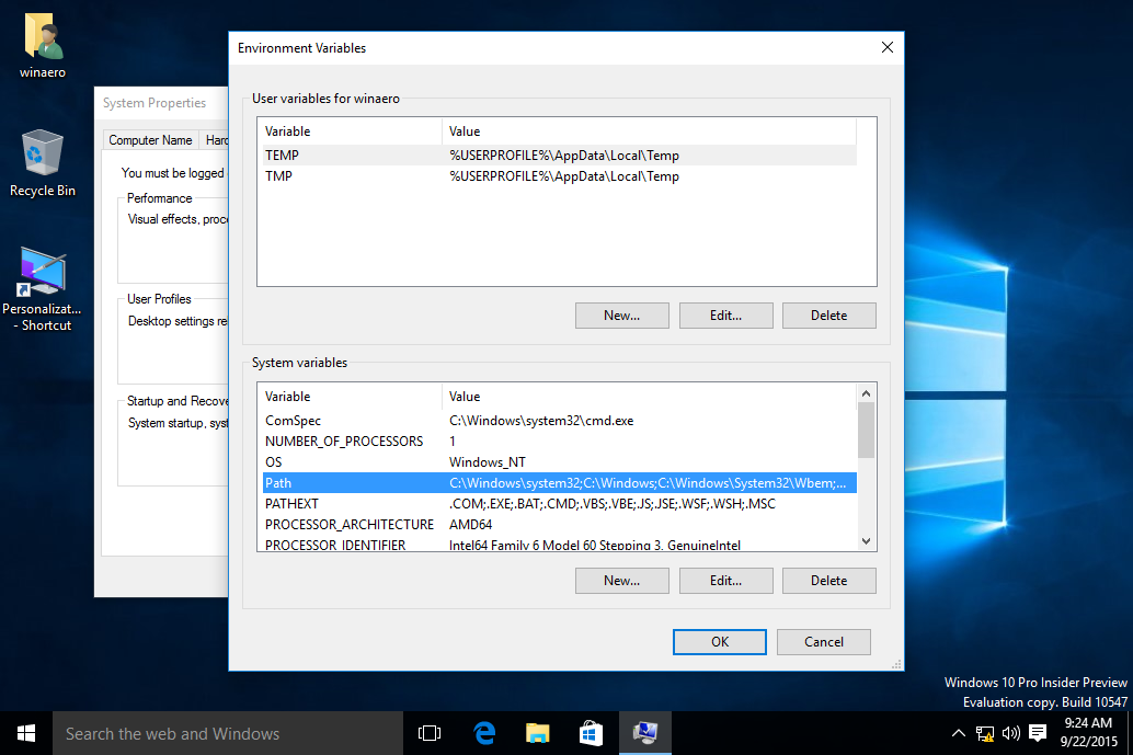 Windows 10 environment variables path selected