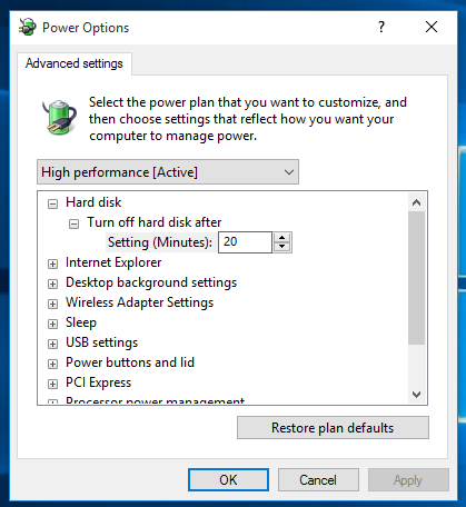 Windows 10 power plan advanced settings