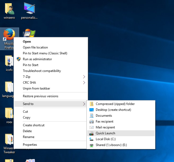 Windows 10 quick launch annd new shortcut via send to