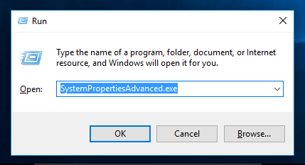 Windows 10 run SystemPropertiesAdvanced