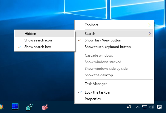 Windows 10 search taskbar context menu
