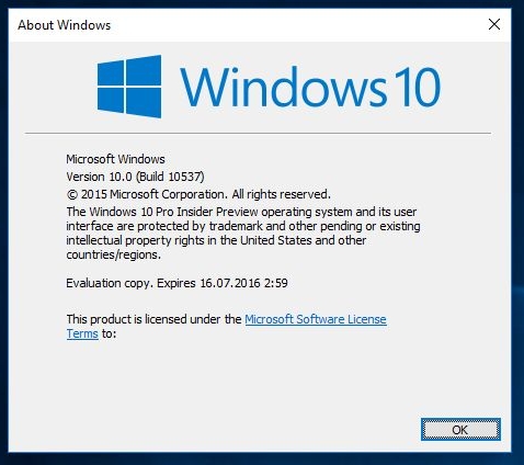 Windows 10 сборка 10537 Winver