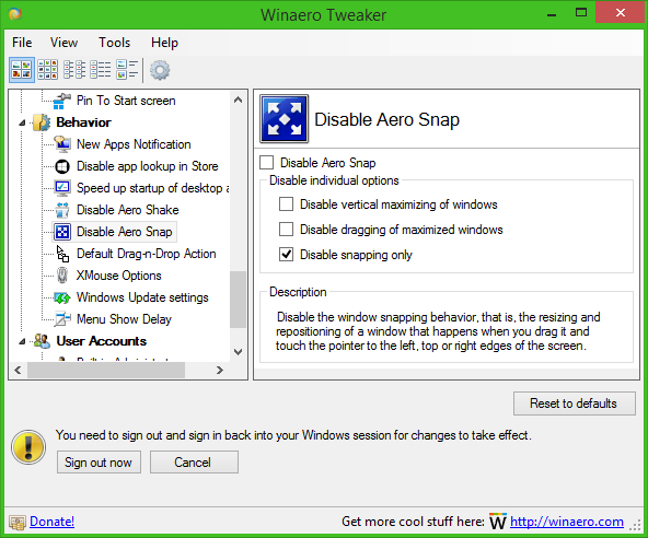 Winaero Tweaker disable snapping only
