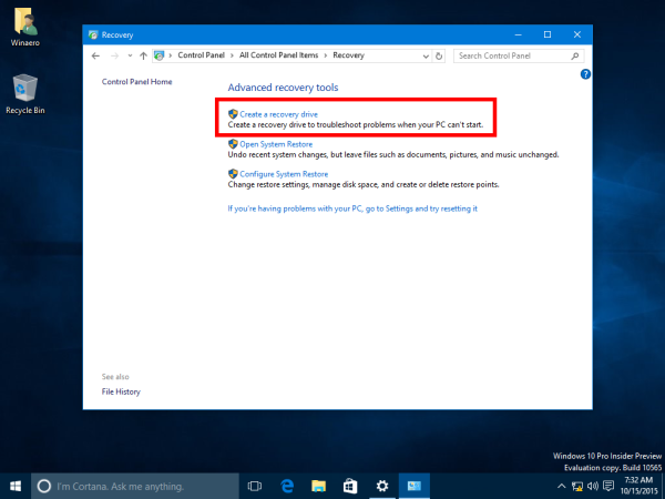 Windows 10 Control Panel create recovery drive