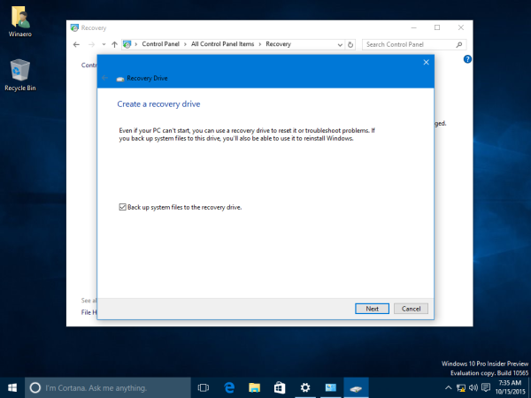 Windows 10 Control Panel create recovery drive wizard