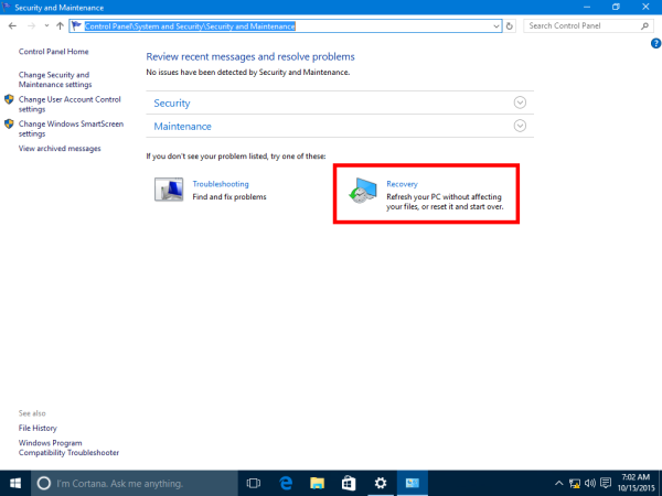 Windows 10 Control Panel recovery