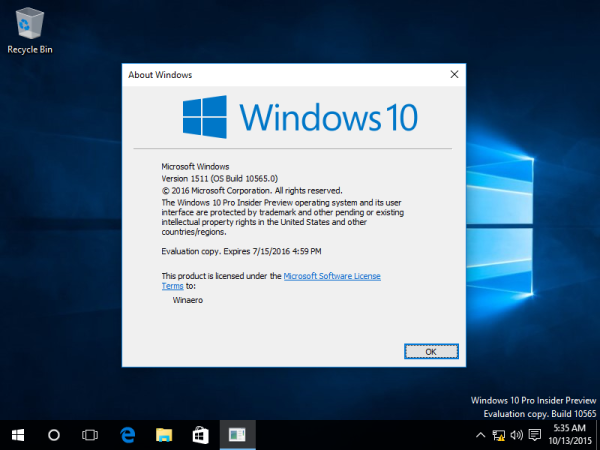 Windows 10 build 10565 winver