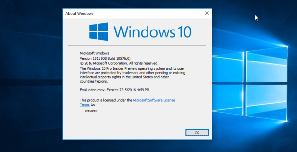 Windows 10 build 10576 Winver