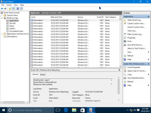 Windows 10 event viewer application log