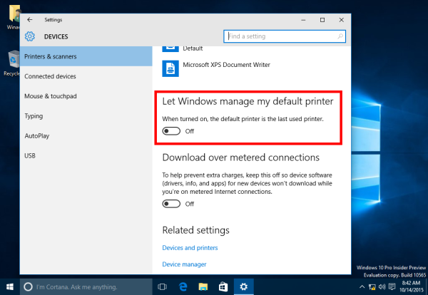 Windows 10 stop default printer change