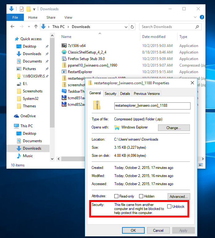 How to unblock files downloaded from Internet in Windows 10