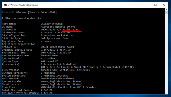 find windows 10 build number in systeminfo