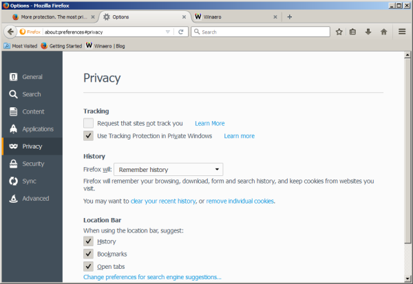 Firefox 42 privacy options