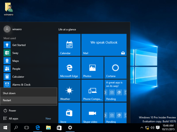 Windows 10 build 10576 power menu