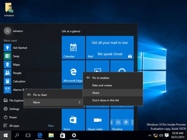 Windows 10 build 10576 share start menu