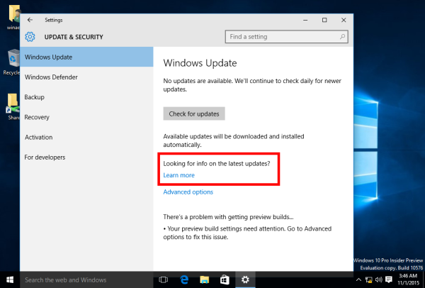 Windows 10 build 10576 updates learn more link