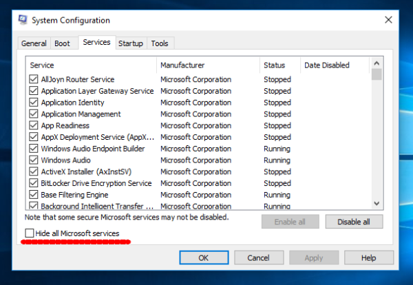 Windows 10 msconfig hide microsoft services