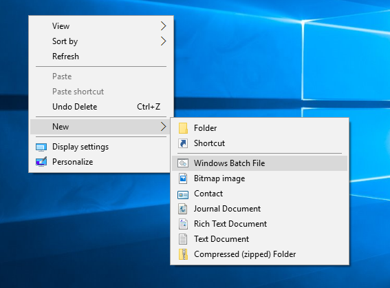 Windows 10 new-windows batch file context menu in action