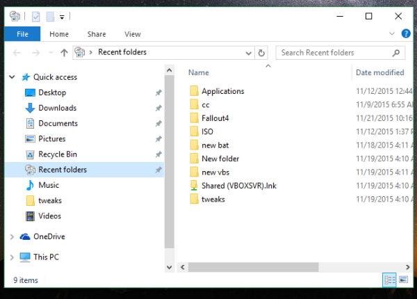 Windows 10 recent places in the navigation pane