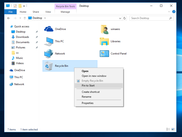 How to pin Recycle Bin to Quick Access in Windows 10