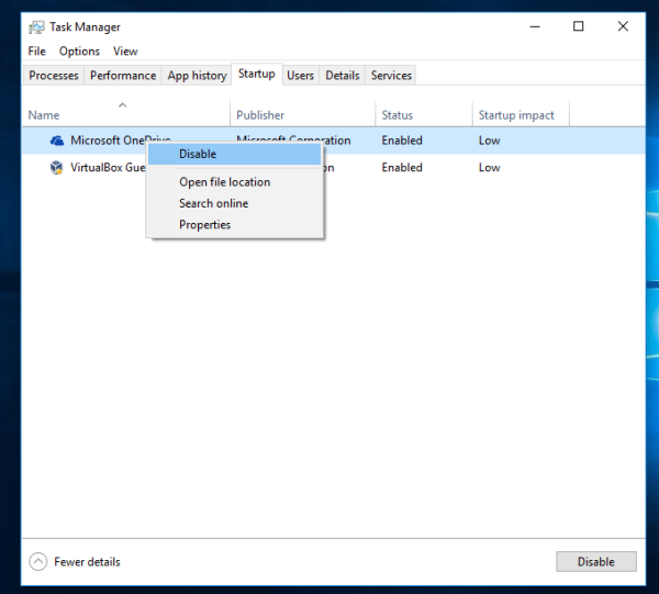 Windows 10 task manager disable startup items